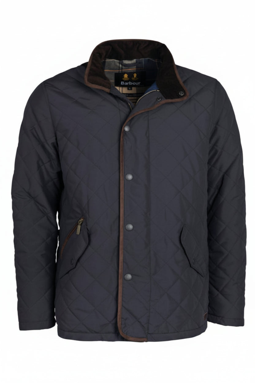 Barbour Waterproof Shoveler Quilted Jacket Navy MQU1585NY91 flat  with button front, stand collar, and side pocket
