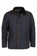 Navy quilted waterproof jacket with check-lined inner collar and snap front