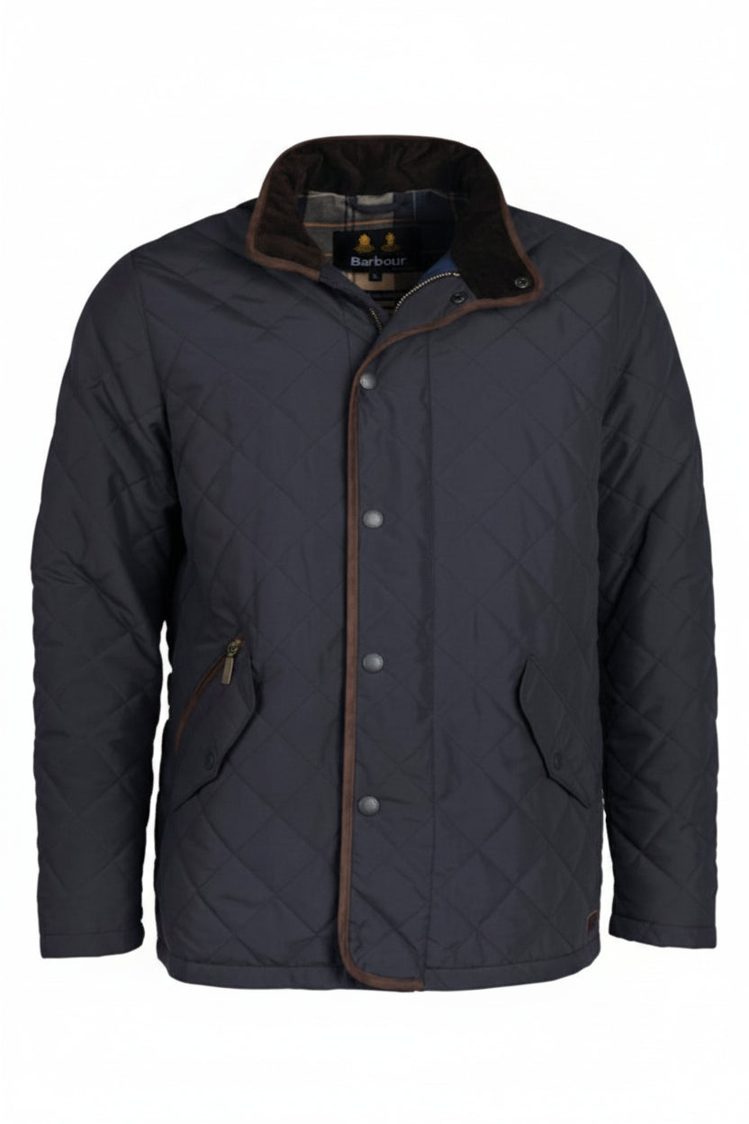 Navy quilted waterproof jacket with check-lined inner collar and snap front
