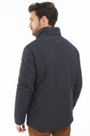Navy quilted jacket back view with diamond stitching and rear label