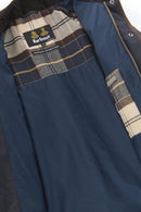 Navy jacket interior lining with Barbour tartan panel and snap placket