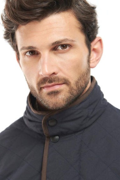 Navy quilted waterproof jacket with snap-button stand collar
