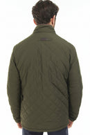 Olive quilted jacket back view with diamond stitching and rear logo patch