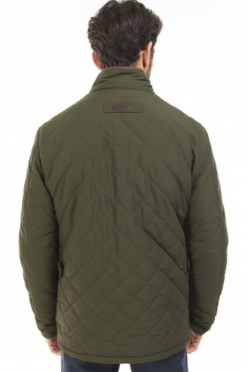 Olive quilted jacket back view with diamond stitching and rear logo patch
