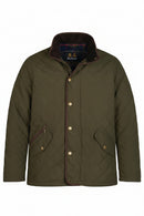 Olive quilted jacket front view with stand collar, snap buttons, and side welt pockets