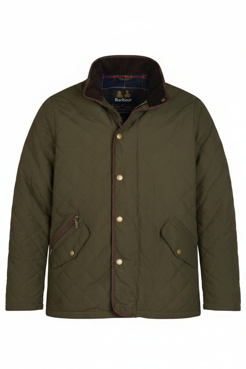 Olive quilted jacket front view with stand collar, snap buttons, and side welt pockets
