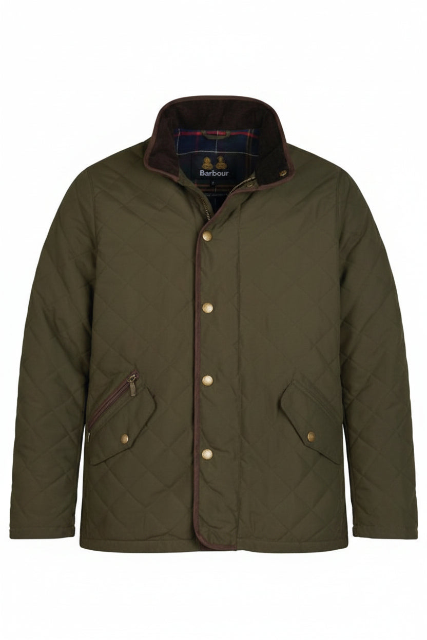 Olive quilted jacket front view with stand collar, snap buttons, and side welt pockets