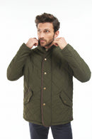 Olive quilted jacket with snap-button placket, chest pocket, and side seam pocket