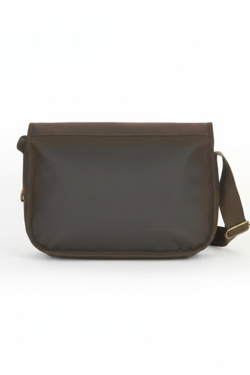 Dark olive waxed canvas Tarras bag with curved flap and side strap