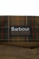 Barbour care label inside waxed Tarras bag lining with plaid fabric panel