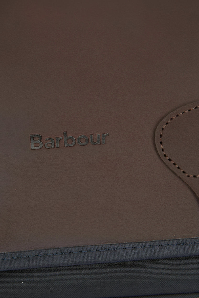 Brown leather panel with Barbour logo embossed and contrast stitch trim