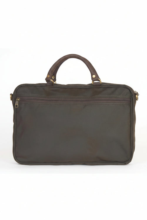 Olive wax leather briefcase with top handle and structured front panel