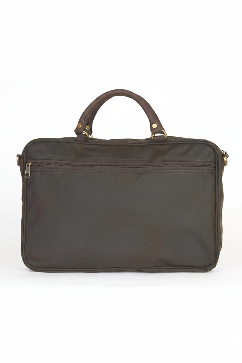 Olive wax leather briefcase with top handle and structured front panel