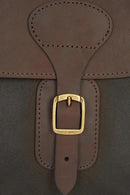 Leather briefcase strap keeper with brass square buckle and stitched loop