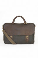 Olive canvas and leather briefcase with top handle, shoulder strap, and front buckles