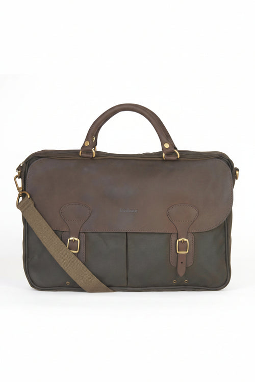 Olive canvas and leather briefcase with top handle, shoulder strap, and front buckles