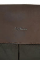 Barbour-embossed leather panel on an olive briefcase with visible edge stitching