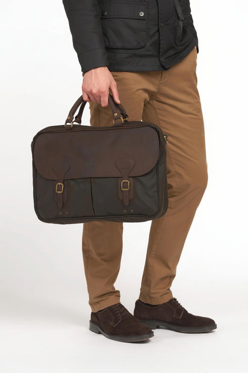 Olive wax leather briefcase with top handle and front flap pockets with buckles