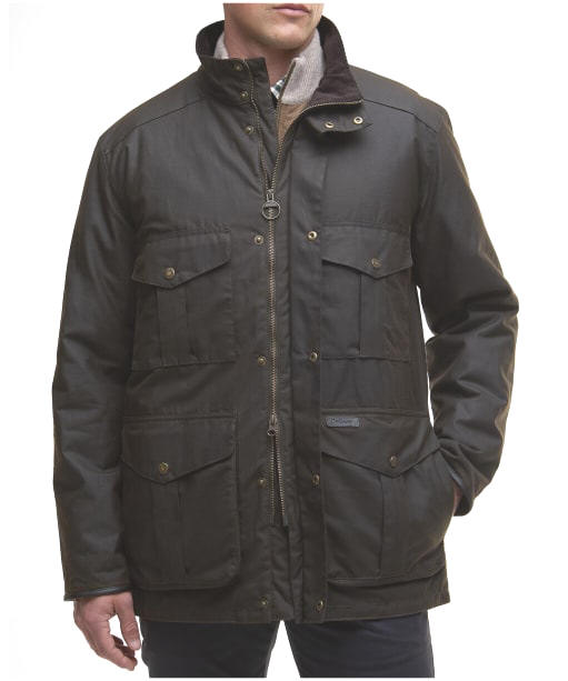 Barbour Westward wax jacket - Olive on model with zip front, four pockets, and brass buttons