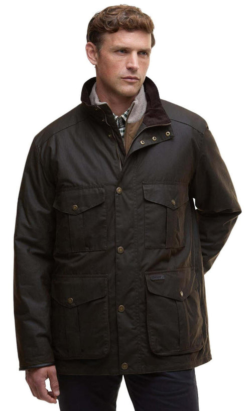 Barbour Westward wax jacket - Olive with stand collar, snap pockets, and brass button front