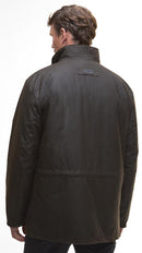 Barbour Westward wax jacket - Olive back view of dark olive wax jacket with Barbour logo patch on the collar