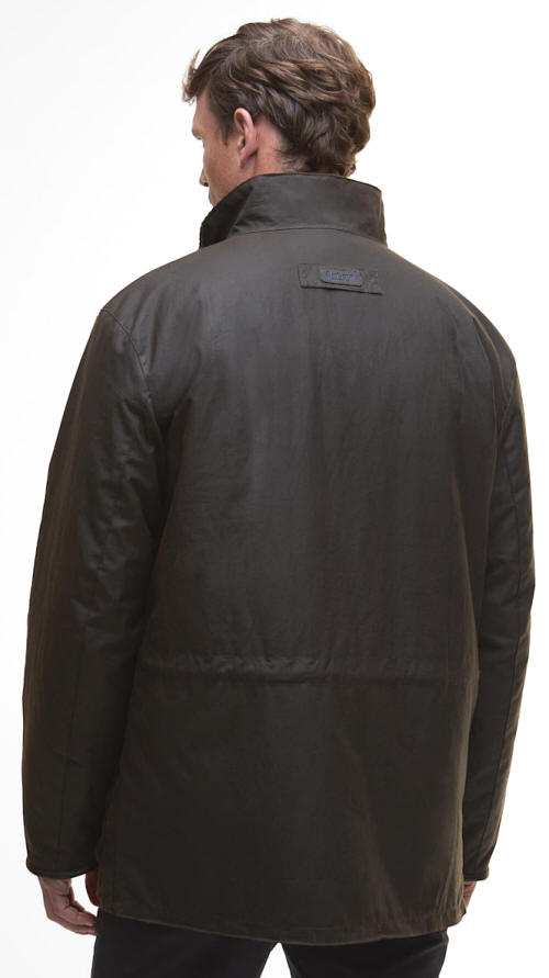 Barbour Westward wax jacket - Olive back view of dark olive wax jacket with Barbour logo patch on the collar