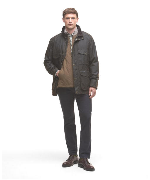 Barbour Westward wax jacket - Olive worn by model in dark olive with stand collar and multiple pockets