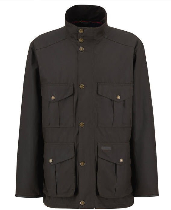 Wax jacket with stand collar, button front, and two chest pockets in Barbour Westward wax jacket - Olive