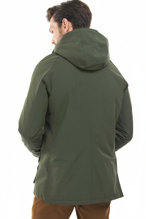 Men's winter jacket, sage green, hooded with drawstring and back view design.