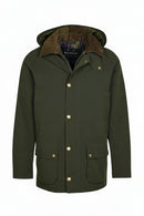 Men's sage green winter jacket on hanger, hood with lining and snap front, four pockets.