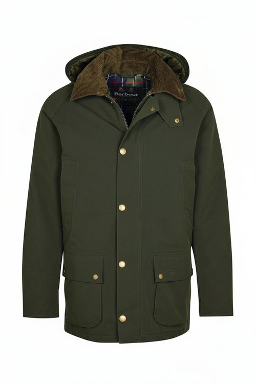 Men's sage green winter jacket on hanger, hood with lining and snap front, four pockets.