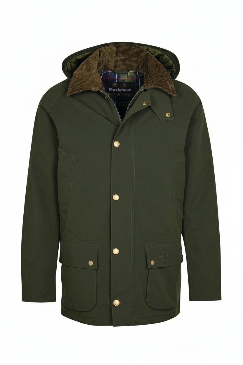 Men's sage green winter jacket on hanger, hood with lining and snap front, four pockets.