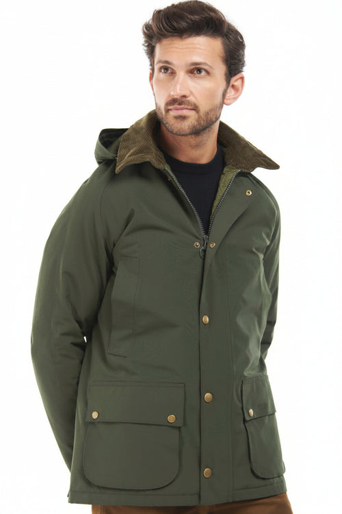 Men's sage green hooded winter jacket with front snap buttons and two chest pockets.