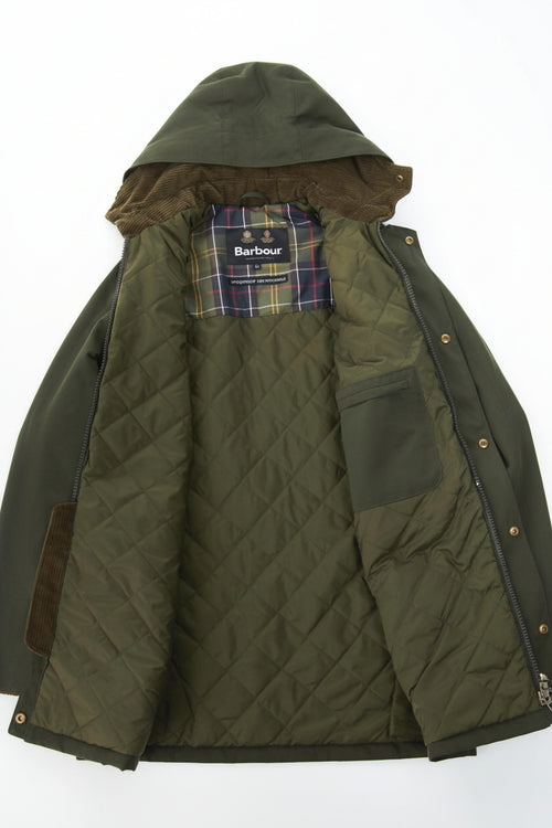 Men's sage green winter jacket interior view with plaid hood lining and quilted body.