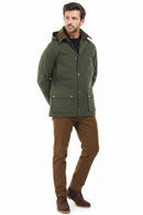 Men's sage green winter jacket with hood, snap front, and side patch pockets, full view.