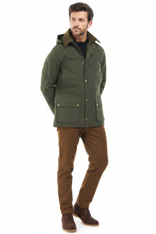 Men's sage green winter jacket with hood, snap front, and side patch pockets, full view.