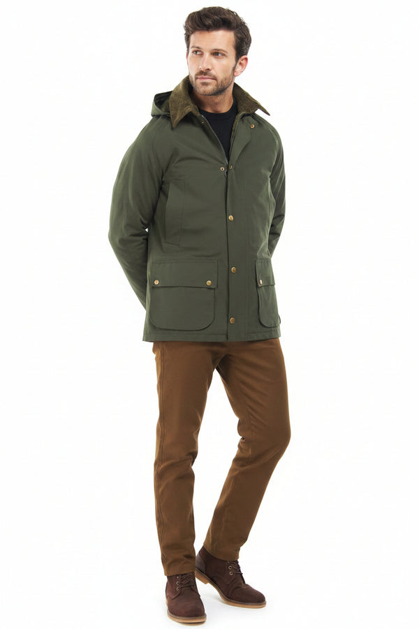 Men's sage green winter jacket with hood, snap front, and side patch pockets, full view.