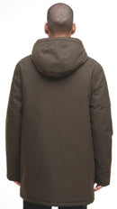 Barbour Beaufort waterproof parka, hooded back view, dark olive-brown.