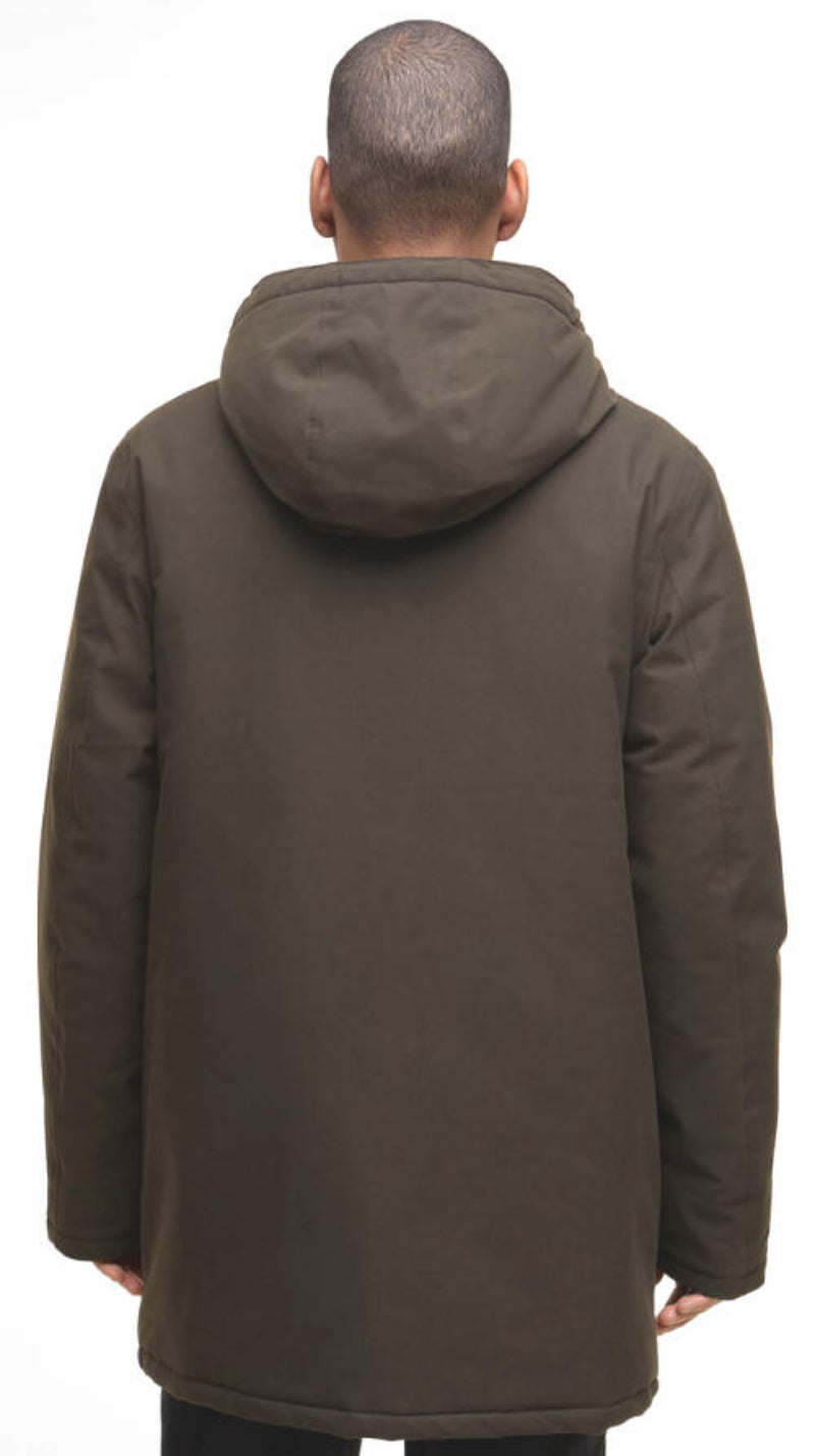 Barbour Beaufort waterproof parka, hooded back view, dark olive-brown.