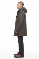 Barbour Beaufort waterproof parka, side profile with long hood and flap pockets, dark olive.