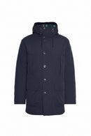 Navy waterproof parka with hood, snap-button front, and two chest pockets.