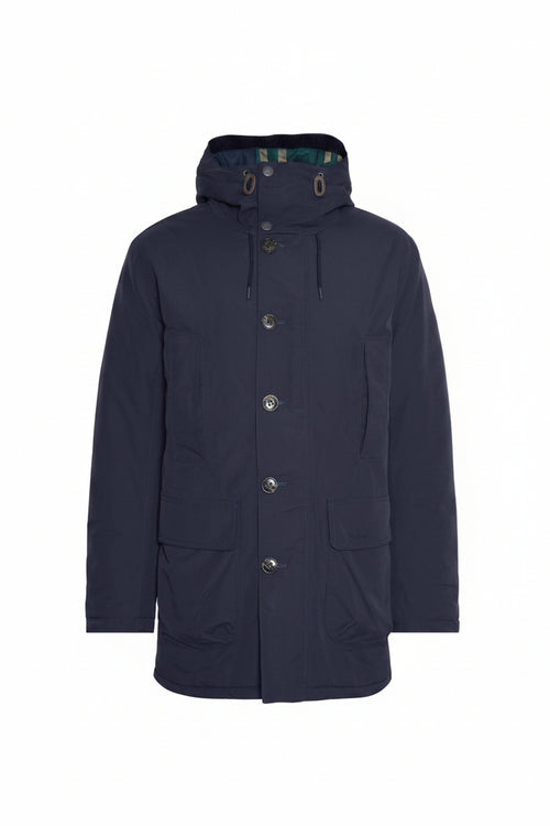 Navy waterproof parka with hood, snap-button front, and two chest pockets.