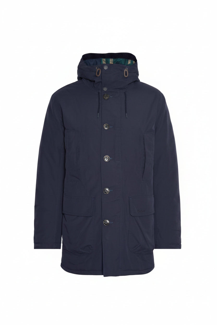Navy waterproof parka with hood, snap-button front, and two chest pockets.