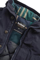 Navy waterproof parka front with zip, snap buttons, and plaid-lined interior.