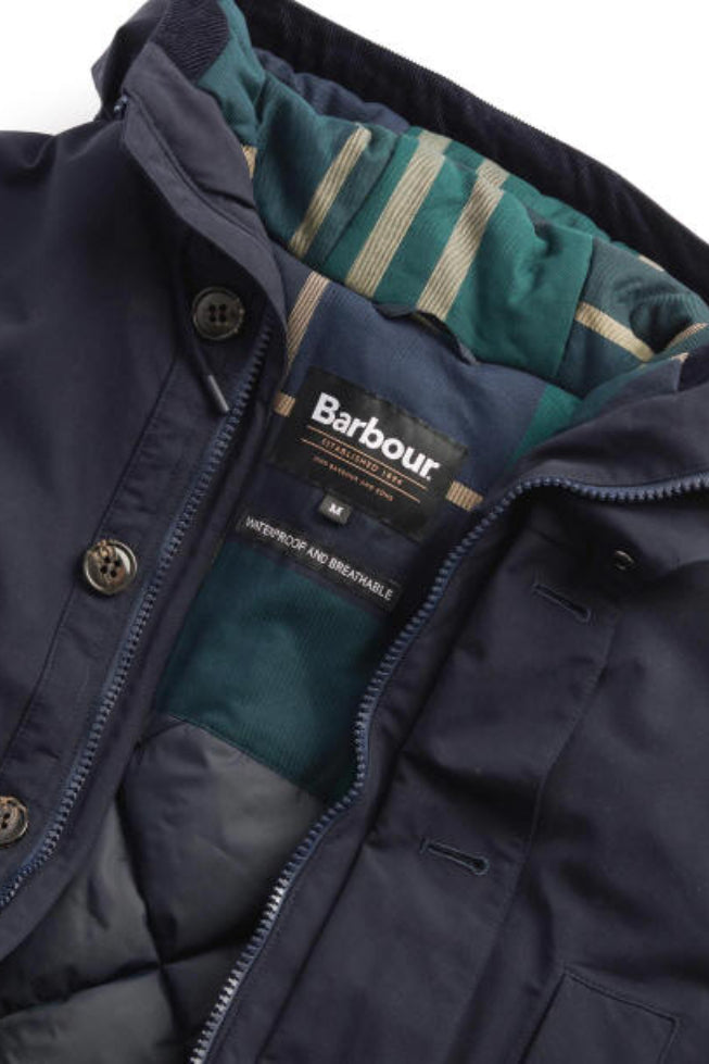 Navy waterproof parka front with zip, snap buttons, and plaid-lined interior.