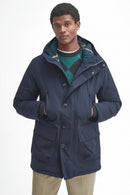 Navy waterproof parka with hood, front pockets, and snap-button closure.