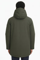 Sage green waterproof parka back view with padded hood and seam details