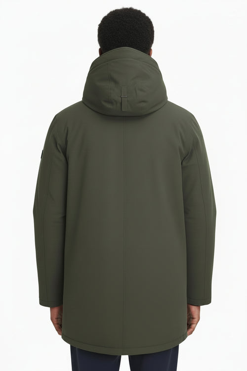 Sage green waterproof parka back view with padded hood and seam details