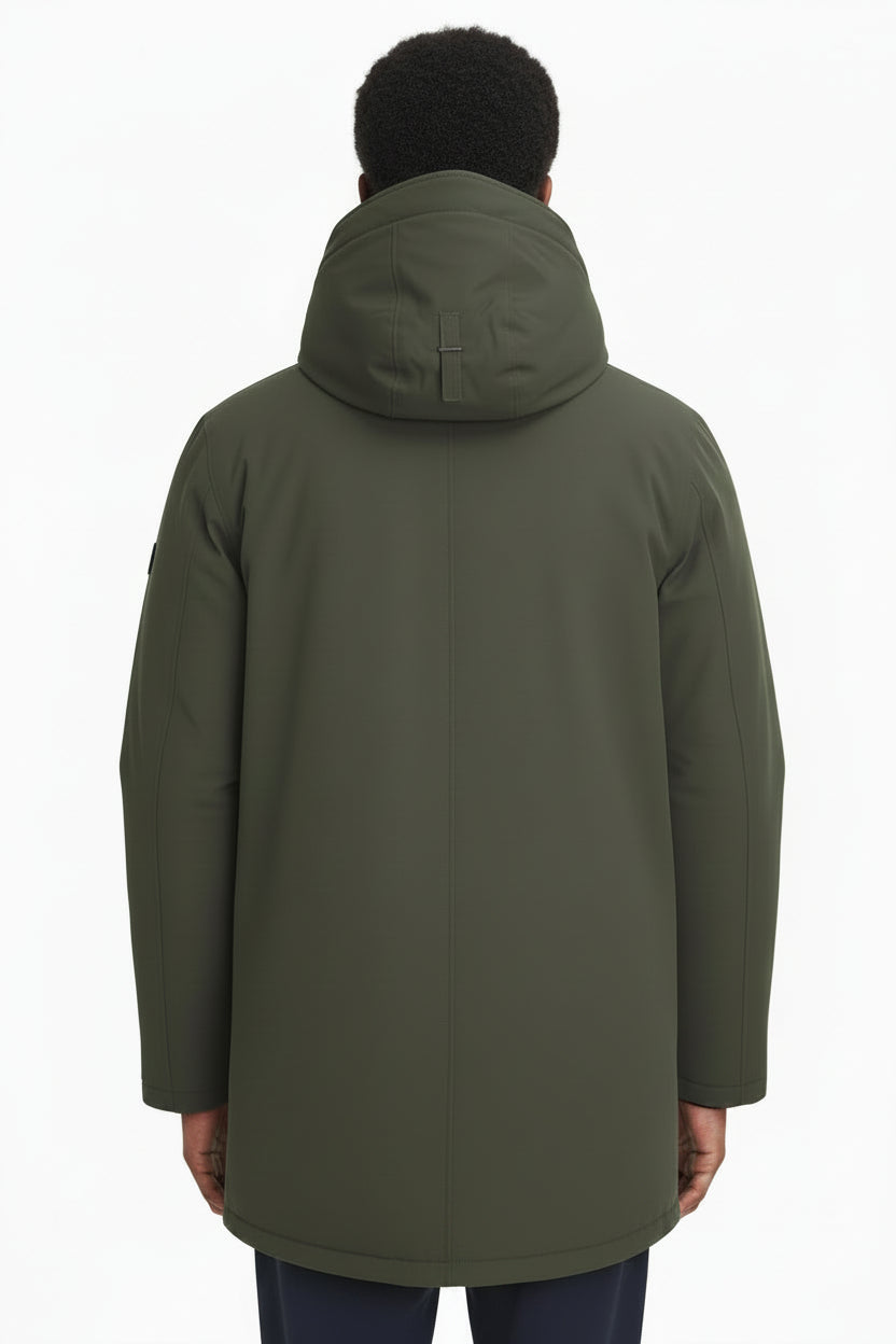 Sage green waterproof parka back view with padded hood and seam details