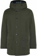 Sage green Barbour waterproof parka with hood and buttoned front pockets